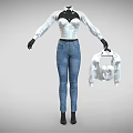 White Shirt With Black Patent Leather Corset And Blue Jeans Holding White Undergarment