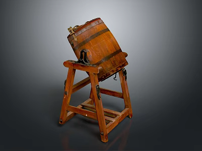 Vintage Wooden Barrel With Metal Hoops On Sturdy Wooden Stand For Household Storage 3d model