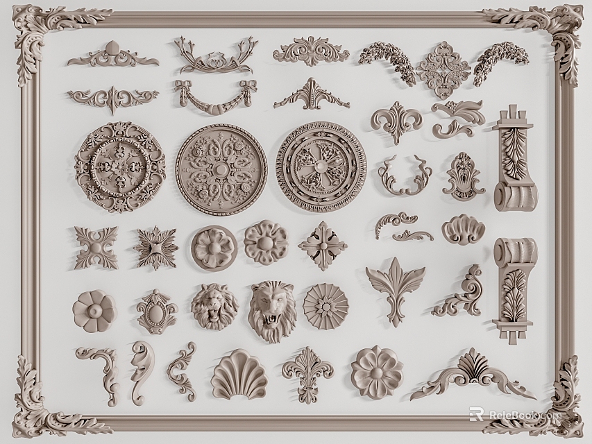 Ornamental Carvings Collection With Various Floral Scroll Circular And Intricate Decorative Elements 3d model 