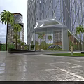 Modern Urban Night Landscape With Illuminated Glass Buildings Palm Trees And Pedestrians Walking