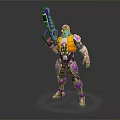 White Haired Character in Purple Orange Armor Holding Purple Black Gun Standing on Round Base