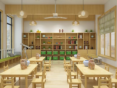 Kindergarten Classroom Interior With Wooden Tables Chairs Bookshelves Hanging Lamps Green Plants And Ceiling Fan 3d model
