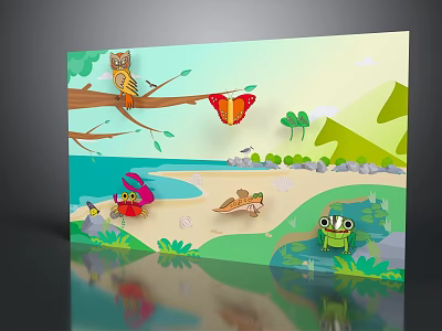 Colorful Cartoon Nature Scene With Owl Butterfly Frog Trees Beach And Water 3d model