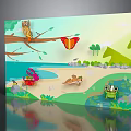 Colorful Cartoon Nature Scene With Owl Butterfly Frog Trees Beach And Water