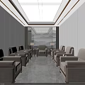 Modern Hotel Public Lounge Area With Gray Sofas Coffee Tables Marble Flooring And Landscape Curtains