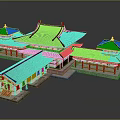 Ancient Architecture with Blue Tiled Roofs Red Wooden Structures and Overhanging Eaves in Classic Design