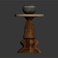 Rustic Wooden Pedestal Side Table With Gray Pottery Jar And Carved Base