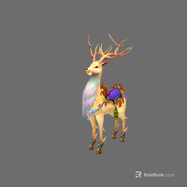 Decorative Deer With Colorful Fur Antlers Purple Gem Floral Decorations And Golden Leg Ornaments 3d model 