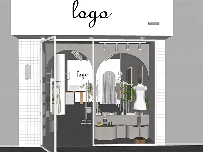 Modern Clothing Store Interior With Glass Door Mannequin And Green Plants 3d model