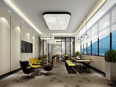 Modern Hotel Public Lounge Area With Comfortable Seating Floor To Ceiling Windows And Mountain View 3d model