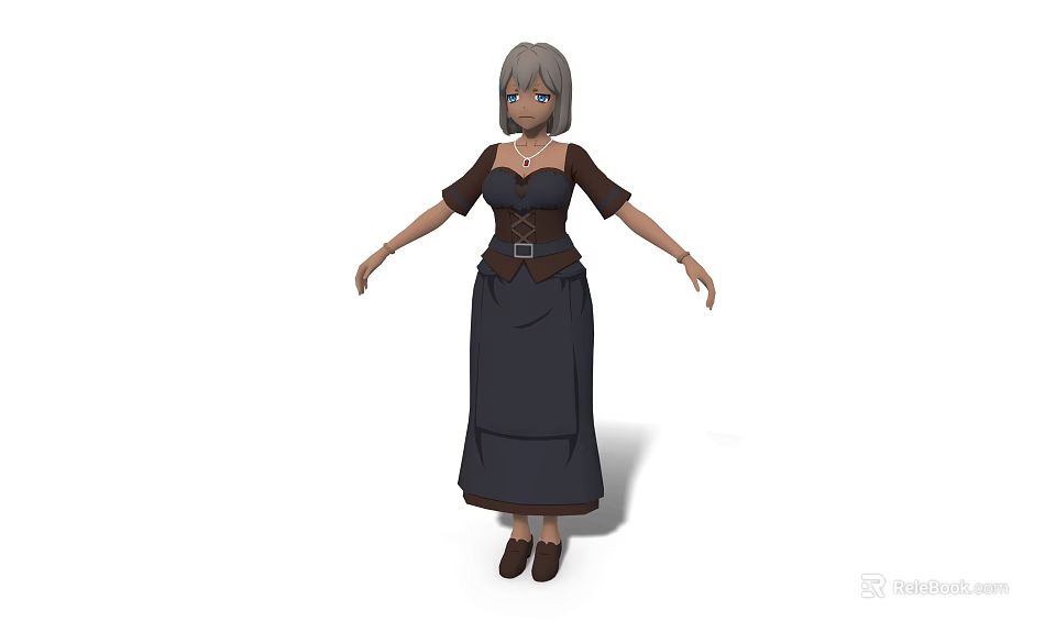 Woman With Gray Hair Blue Eyes Wearing Dark Long Dress Brown Belt And Necklace 3d model 