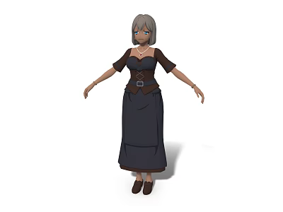 Woman With Gray Hair Blue Eyes Wearing Dark Long Dress Brown Belt And Necklace 3d model