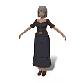 Woman With Gray Hair Blue Eyes Wearing Dark Long Dress Brown Belt And Necklace