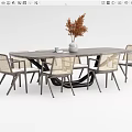 Dark Wooden Dining Table Set with 6 Rattan Back Chairs Vase Dried Flowers and Cup