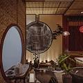 Traditional Chinese Restaurant Interior With Hanging Lanterns Wooden Decor And Green Plants