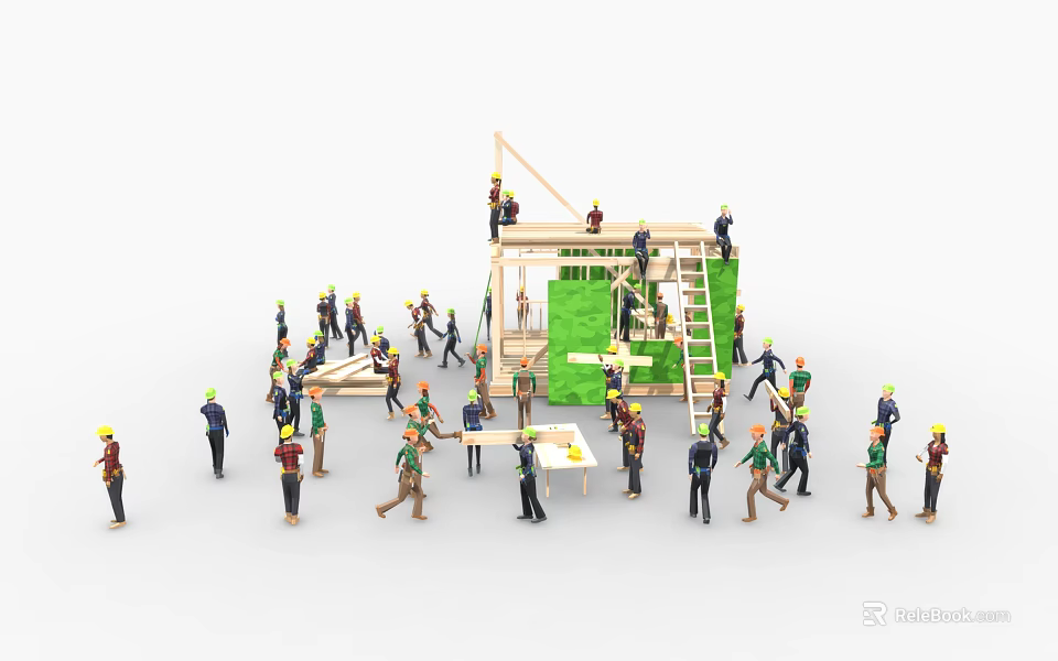Group of Construction Workers Building Wooden Structure With Scaffolding and Tools 3d model 