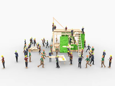 Group of Construction Workers Building Wooden Structure With Scaffolding and Tools 3d model