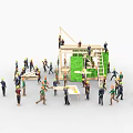 Group of Construction Workers Building Wooden Structure With Scaffolding and Tools