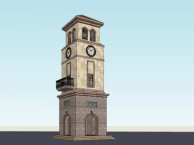 Clock Tower Architectural Design With Stone Brick Structure Arched Windows And Balcony 3d model