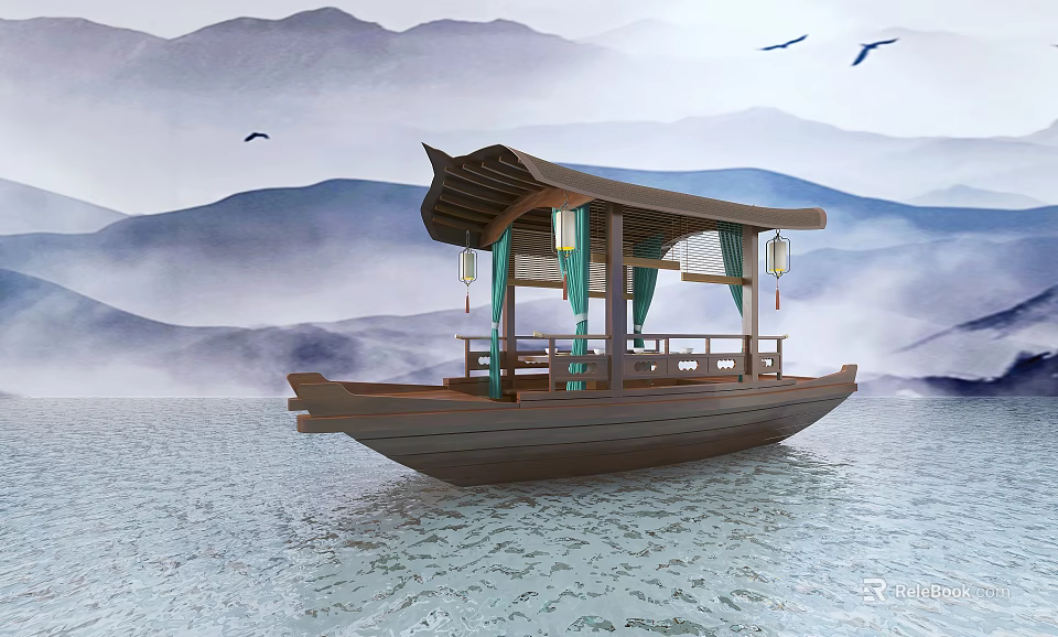 Traditional Wooden Boat With Pavilion Style Structure Green Curtains And Lanterns On Misty Mountain Water 3d model 