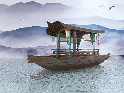 Traditional Wooden Boat With Pavilion Style Structure Green Curtains And Lanterns On Misty Mountain Water 3d model