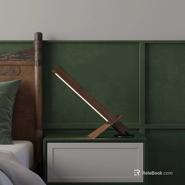 Modern Wooden Table Lamp on Bedside Table with Green Wall and Wooden Headboard 3d model 
