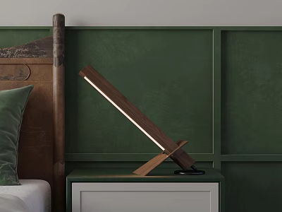 Modern Wooden Table Lamp on Bedside Table with Green Wall and Wooden Headboard 3d model