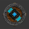 Decorative Circular Ornament With Blue Gemstone Inlaid Wooden Center And Metallic Rim