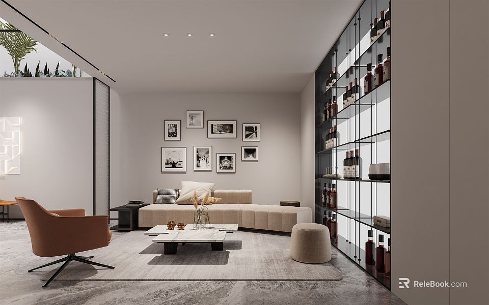 Modern Lounge Interior Design With Beige Sofa Coffee Table And Decorative Bookshelf 3d model 