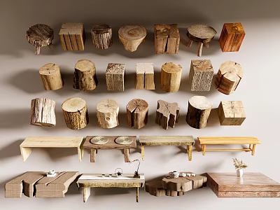 Rustic Wooden Stools Collection With Various Natural Wood Shapes And Designs 3d model