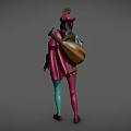 A Woman in Fantasy Style Colorful Outfit with Feathered Hat Backpack and Tight Pants