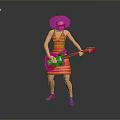 Woman with curly hair wearing sunglasses and orange striped dress playing red electric guitar