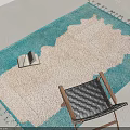 Modern Leisure Chair with Wooden Frame Woven Checkered Seat and Blue White Tassel Rug