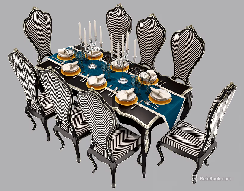 Elegant Dining Table Set With Six Striped Chairs Blue Tablecloth Tableware And Candles 3d model 