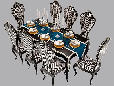 Elegant Dining Table Set With Six Striped Chairs Blue Tablecloth Tableware And Candles 3d model