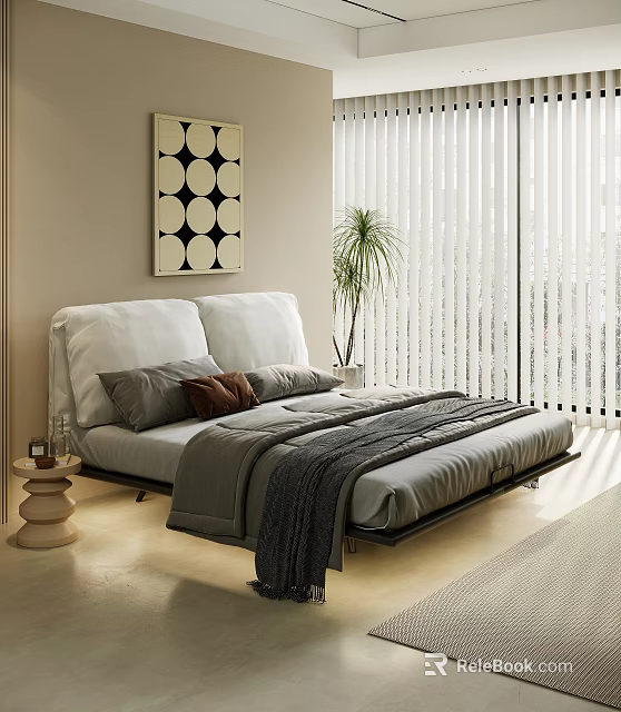 Modern Bedroom Interior Design Featuring White Pillows Gray Bedding Geometric Painting And Potted Plant 3d model 