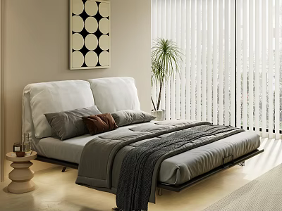 Modern Bedroom Interior Design Featuring White Pillows Gray Bedding Geometric Painting And Potted Plant 3d model