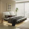 Modern Bedroom Interior Design Featuring White Pillows Gray Bedding Geometric Painting And Potted Plant