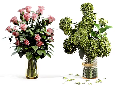 Pink Roses Arranged in Clear Glass Vase with Green Hydrangeas in Textured Vase 3d model