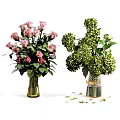 Pink Roses Arranged in Clear Glass Vase with Green Hydrangeas in Textured Vase