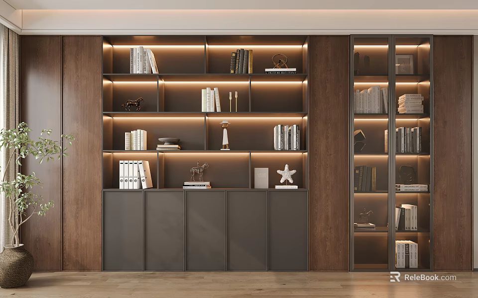 Modern Bookcase Design With Wooden Structure Dark Cabinet Doors Multiple Shelves Books And Decorative Items 3d model 