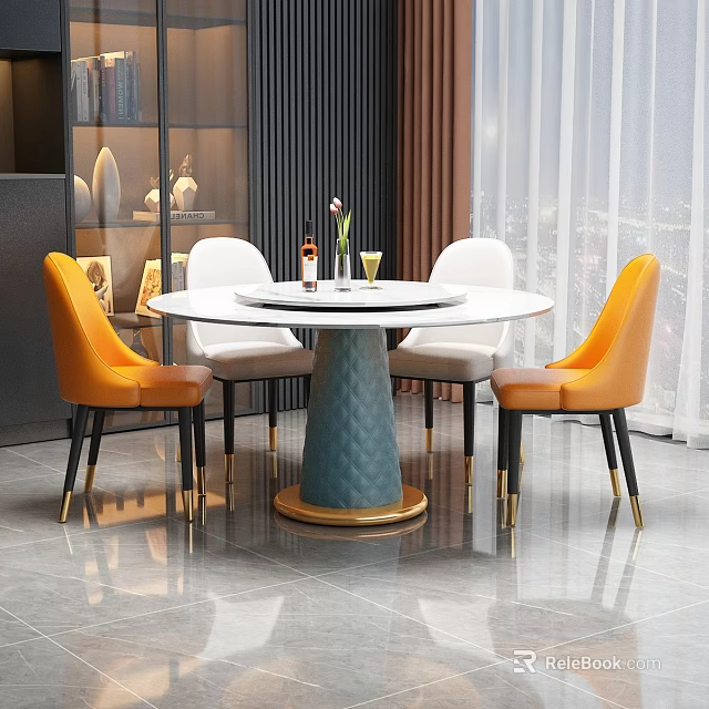 Modern Dining Table Set With Round White Tabletop Blue Pedestal And Orange White Chairs 3d model 