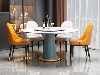 Modern Dining Table Set With Round White Tabletop Blue Pedestal And Orange White Chairs 3d model