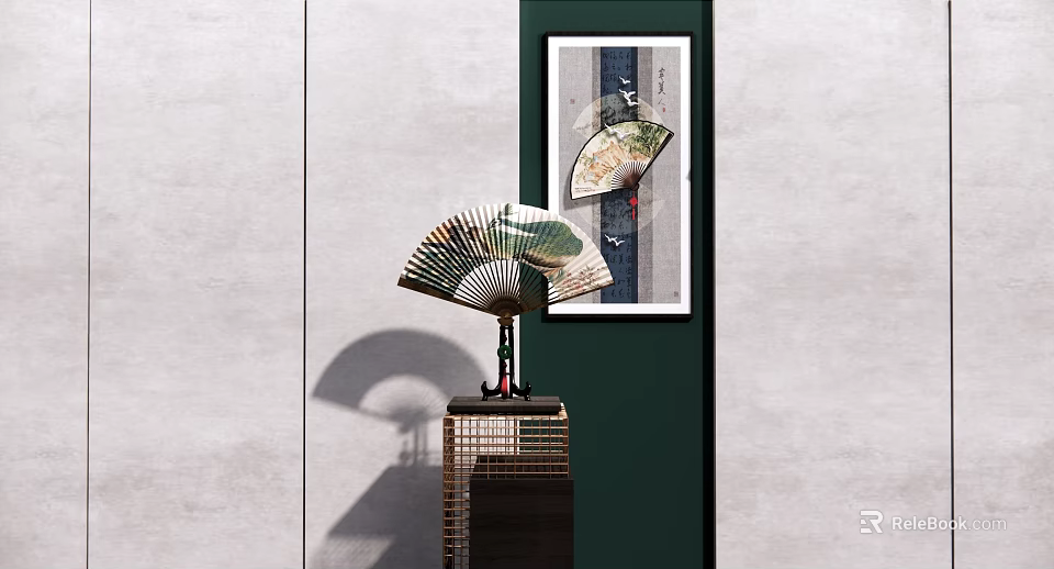 Chinese Style Decorative Ornament Set With Handheld Fan Framed Wall Art And Bamboo Stand 3d model 