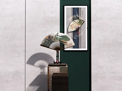 Chinese Style Decorative Ornament Set With Handheld Fan Framed Wall Art And Bamboo Stand 3d model