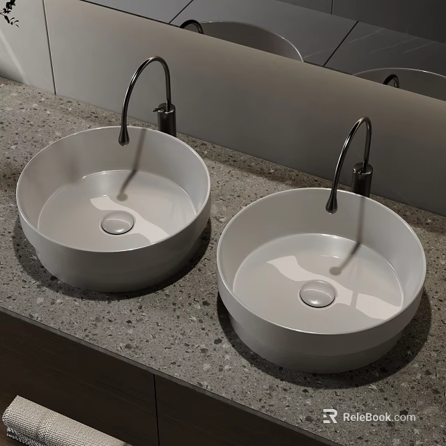 Double White Round Washbasins on Grey Stone Countertop with Silver Curved Faucets and Mirror Reflection 3d model 