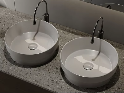 Double White Round Washbasins on Grey Stone Countertop with Silver Curved Faucets and Mirror Reflection 3d model