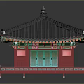 Cartoon Scene Featuring Traditional Red Building With Green Windows Black Tiled Roof And Decorative Eaves