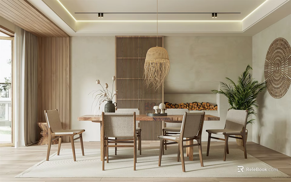Warm Natural Restaurant Interior With Wooden Dining Table Chairs Woven Pendant Light And Potted Plant 3d model 