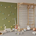 Kids Playroom Stuffed Animals with Climbing Wall Rope Net Toy Cars Soccer Ball and Guitar